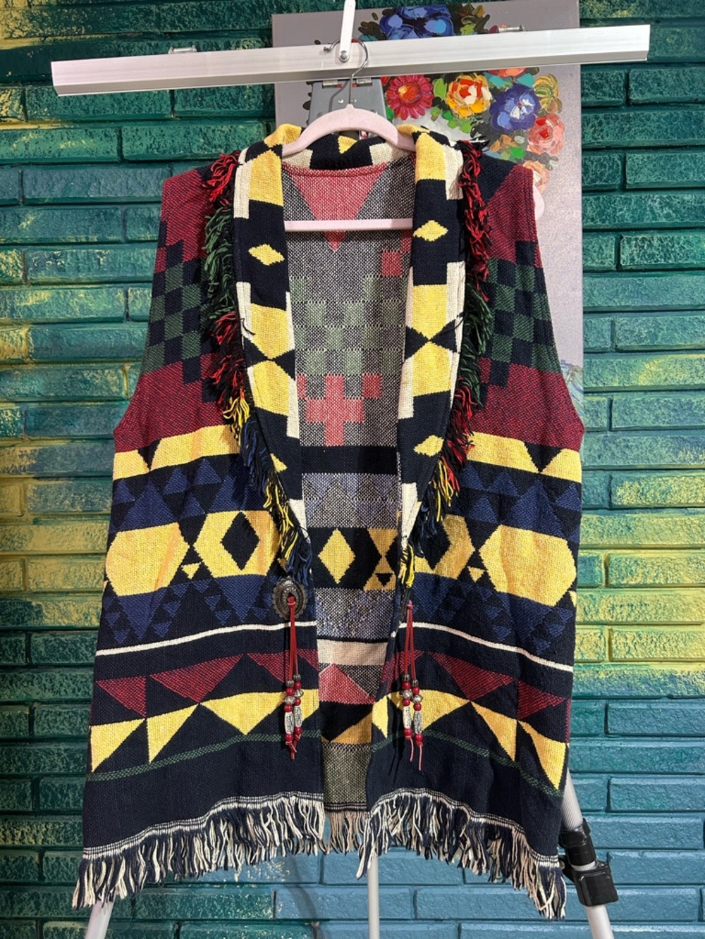 S4 Vintage Native American Tribal Print Cardigan Sweater Vest 100% Cotton L/XL